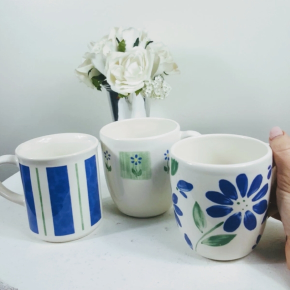 3 Russian MCM Antique Vintage Ceramic Stoneware Blue Coffee Mug Matching Set - Picture 2 of 6